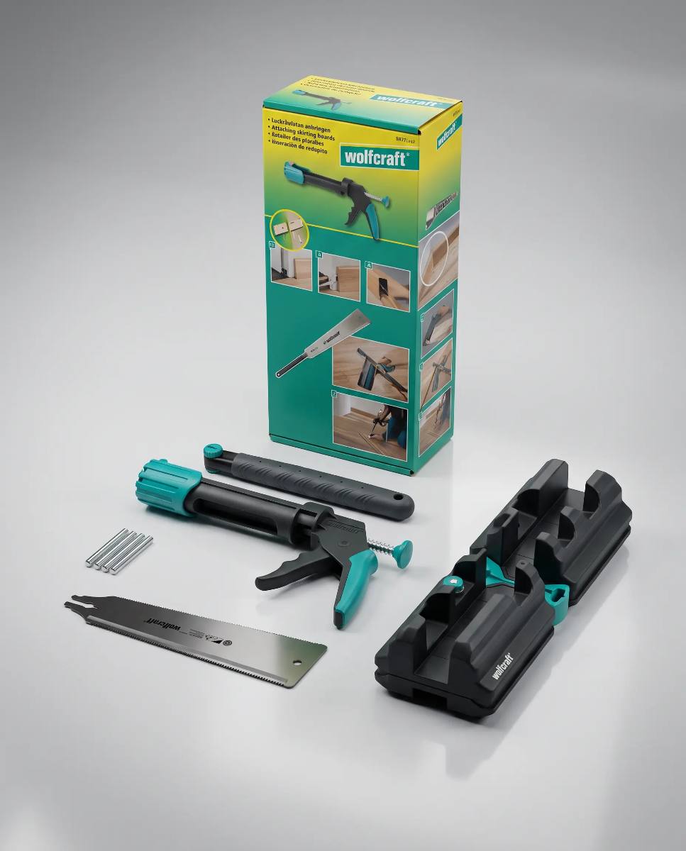 Wolfcraft 6977000 – Set complet pentru montarea plintelor, cu șablon, cutie de tăiere, fierăstrău japonez și pistol de silicon