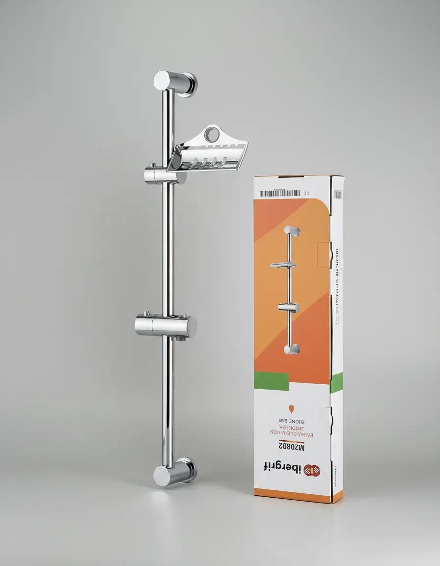 Ibergrif M20802 – Bară de duș 56–58 cm cu suport reglabil și săpunieră, inox, argintiu